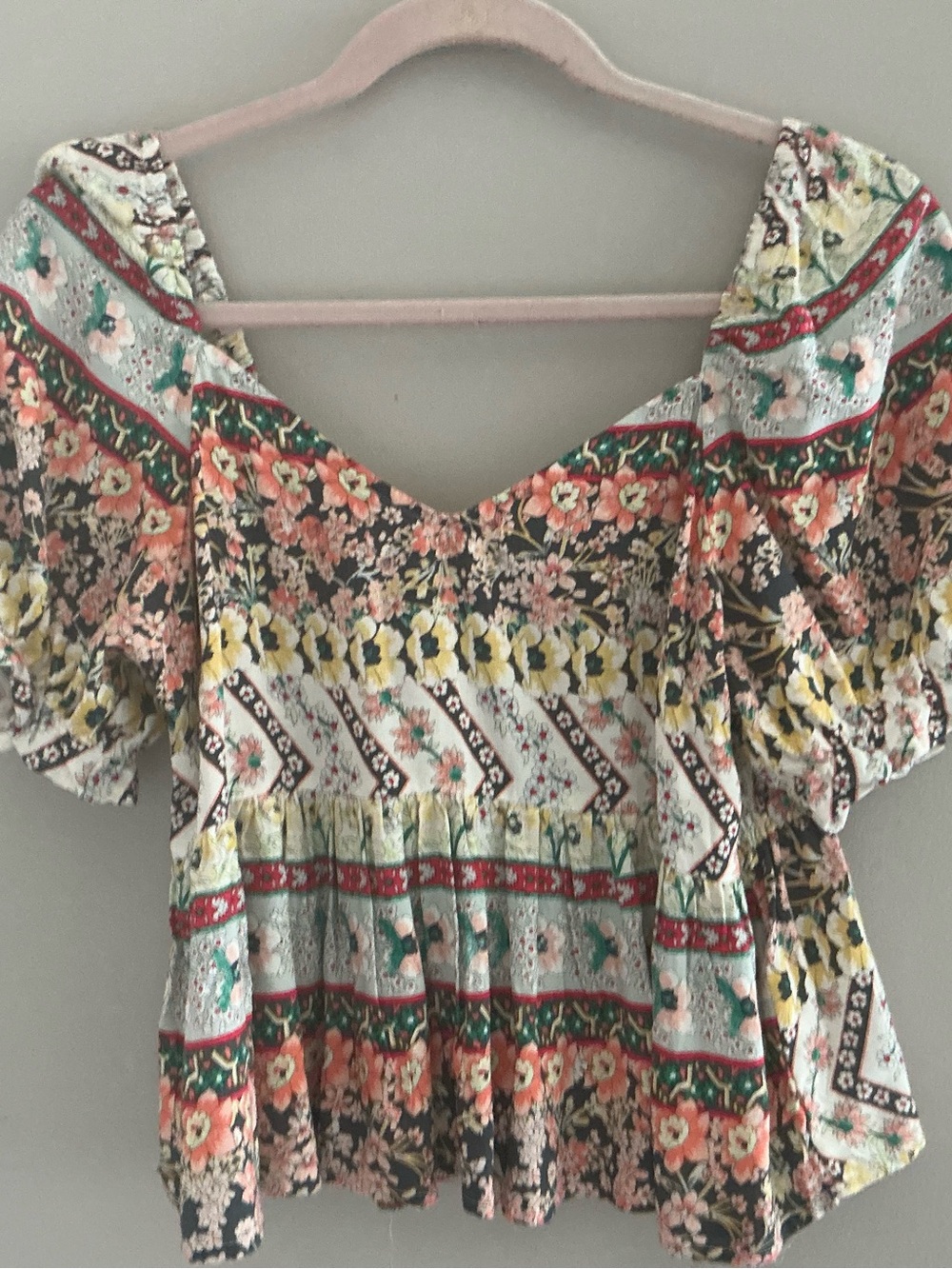 O'Neill Floral Peasant Top in Coral, Yellow, Green and Cream